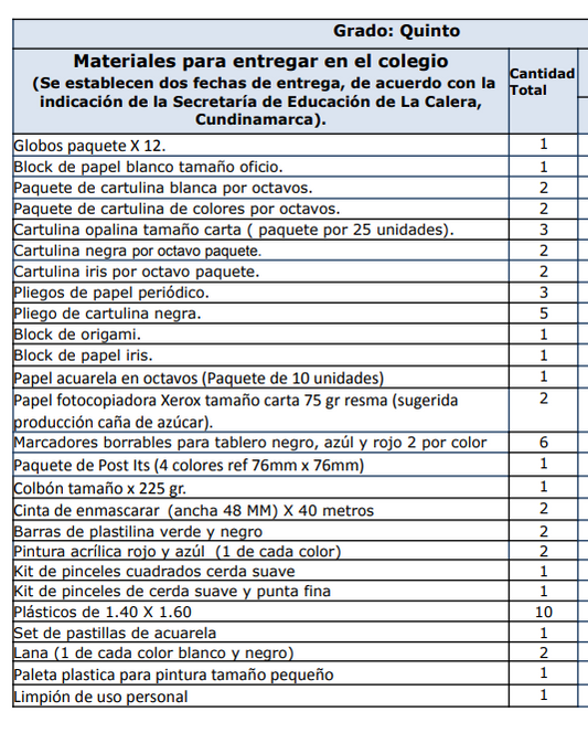 Quinto MATERIALES DEL COLEGIO La colina 2025