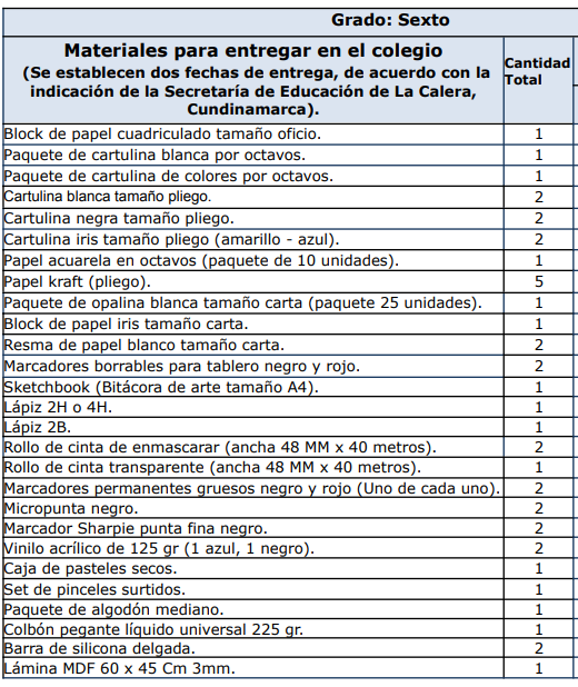 Sexto MATERIALES DEL COLEGIO La colina 2025