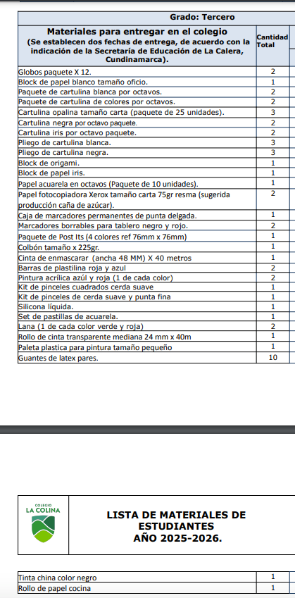 Tercero MATERIALES DEL COLEGIO La colina 2025