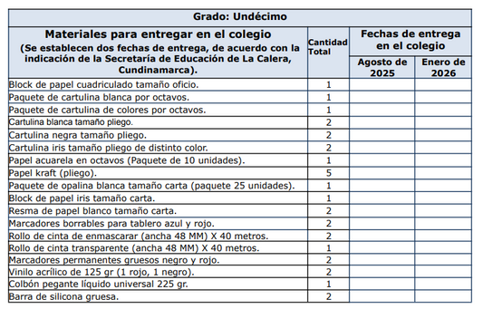 Undécimo  MATERIALES DEL COLEGIO La colina 2025