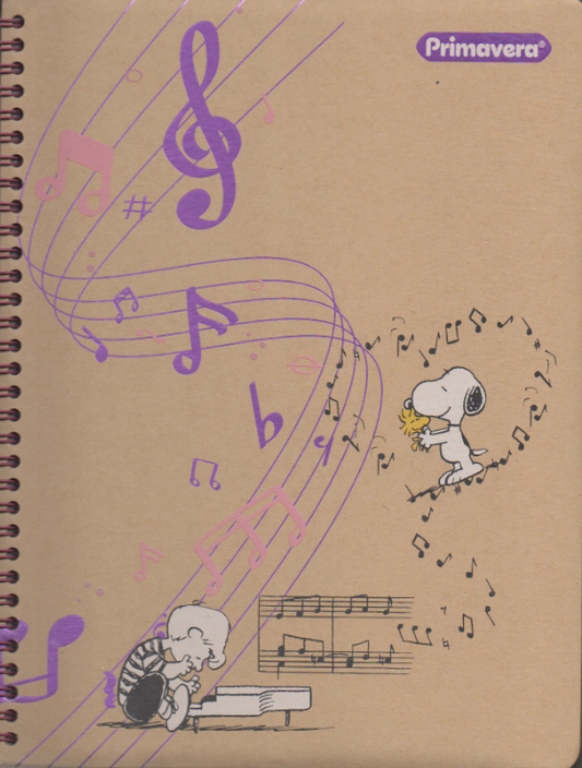 Cuaderno argollado grande 105 femenino cuadriculado pasta dura Snoopy y charlie música